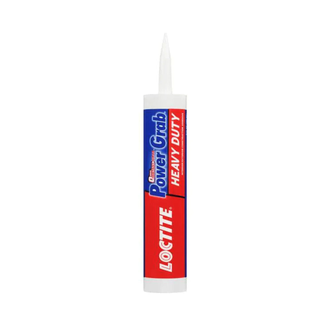 A 9 oz. tube of Go Build Power Grab Express Heavy Duty Construction Adhesive, with a white nozzle and blue, red, and white label, is shown on a plain white background. Brand: The Fastest Way To Build.