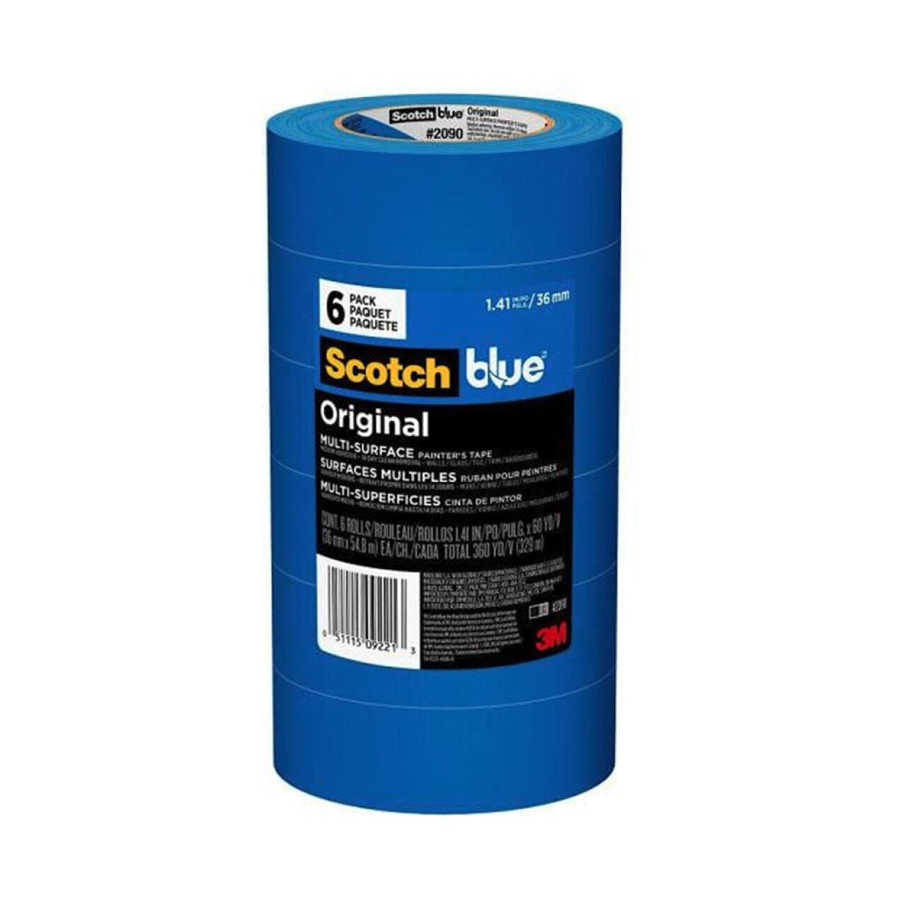 A six-pack of Go Build 1.41 in. x 60 yds. Painters Tape Multi-Surface is shown, highlighting versatile use with clean removal benefits, and features black and yellow labeled blue packaging.