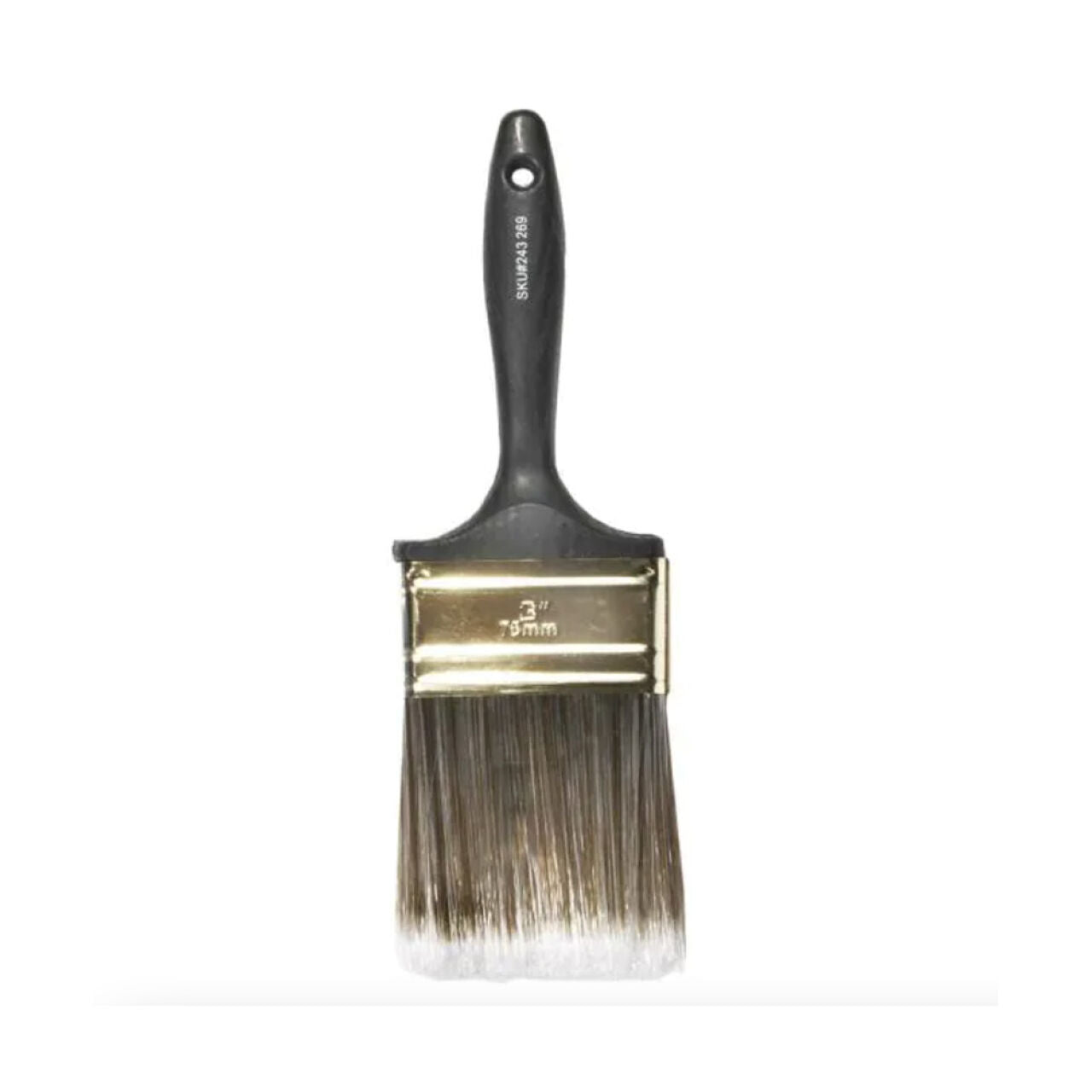 The Go Build 3 in. Flat Cut Polyester Paint Brush features synthetic bristles with dark bases and light tips, a black handle, and a metal ferrule, shown isolated on a white background.