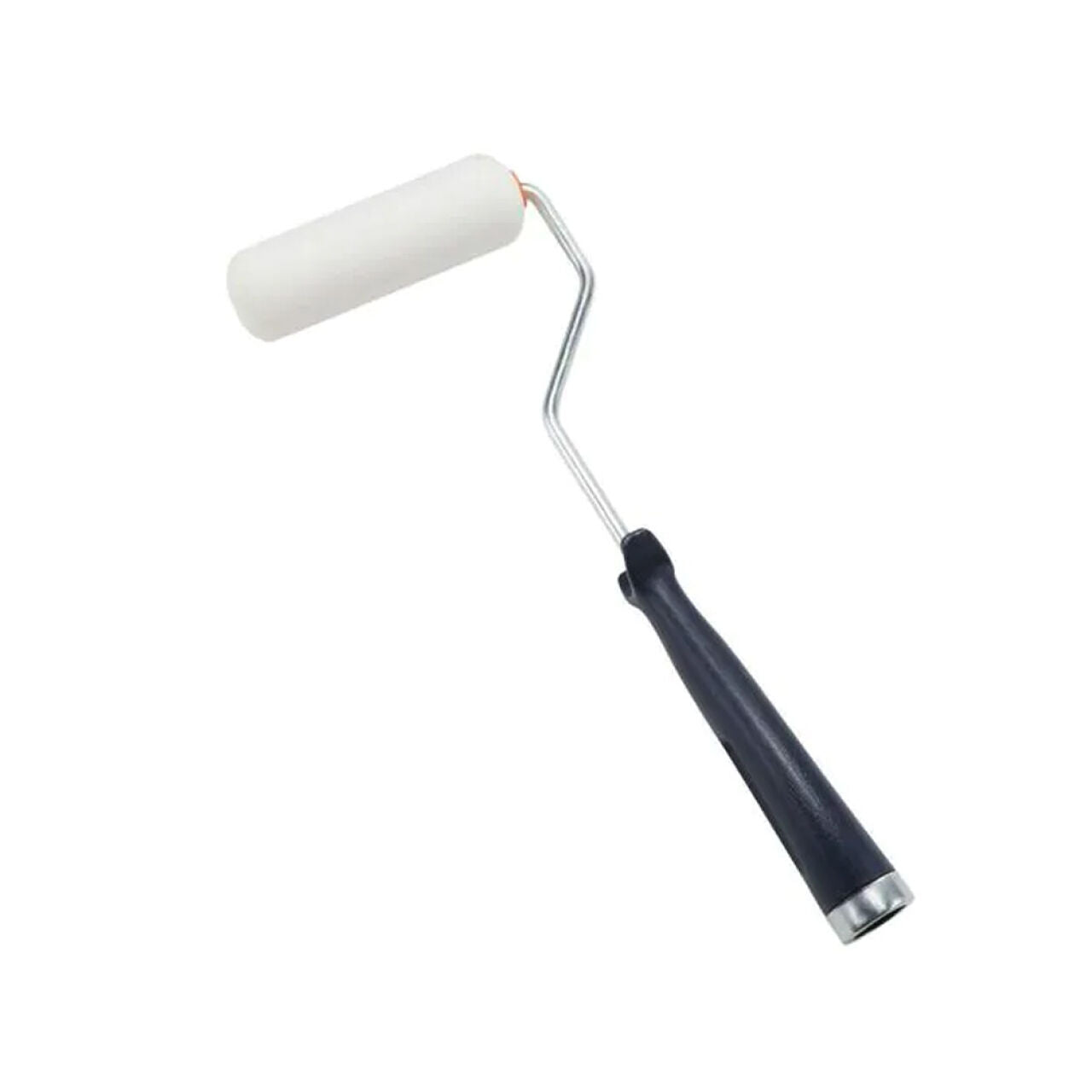 The Go Build 4 in. x 3/8 in. High-Density Foam Mini Paint Roller with Frame, featuring a white foam roller head, metal frame, and black plastic handle, is displayed against a plain white background.