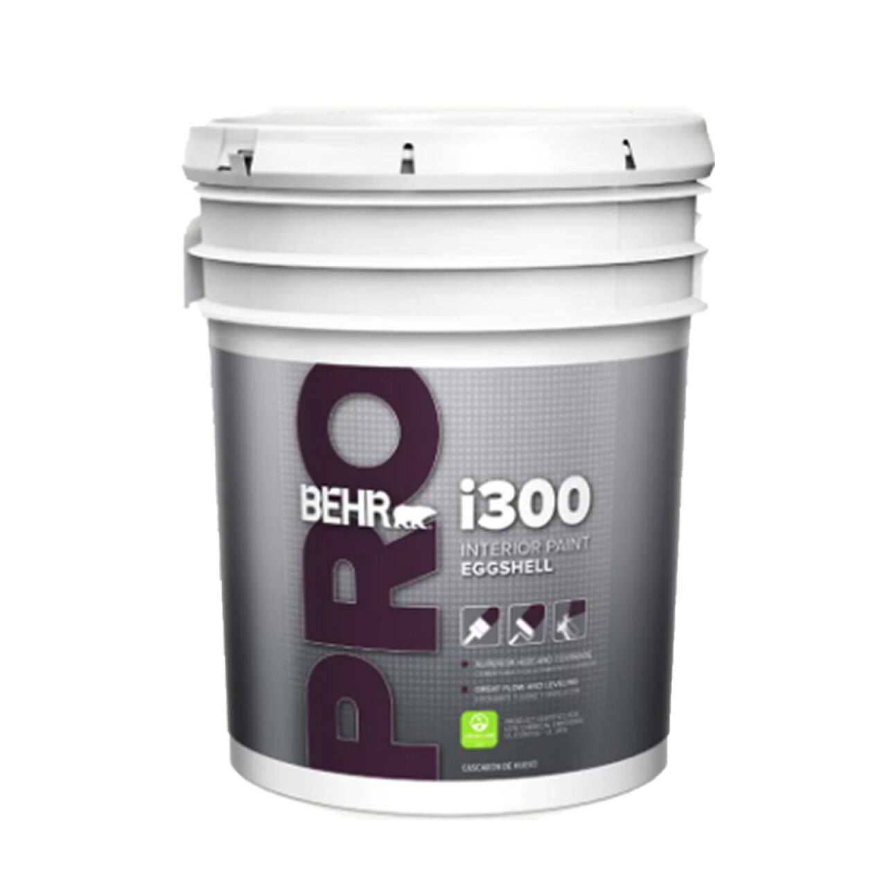 A large white bucket of Go Build i300 Series 5 gal. Interior Eggshell Paint - White, ideal for interior projects and featuring a purple and silver label with product details. Brand: Go Build, The Fastest Way To Build.