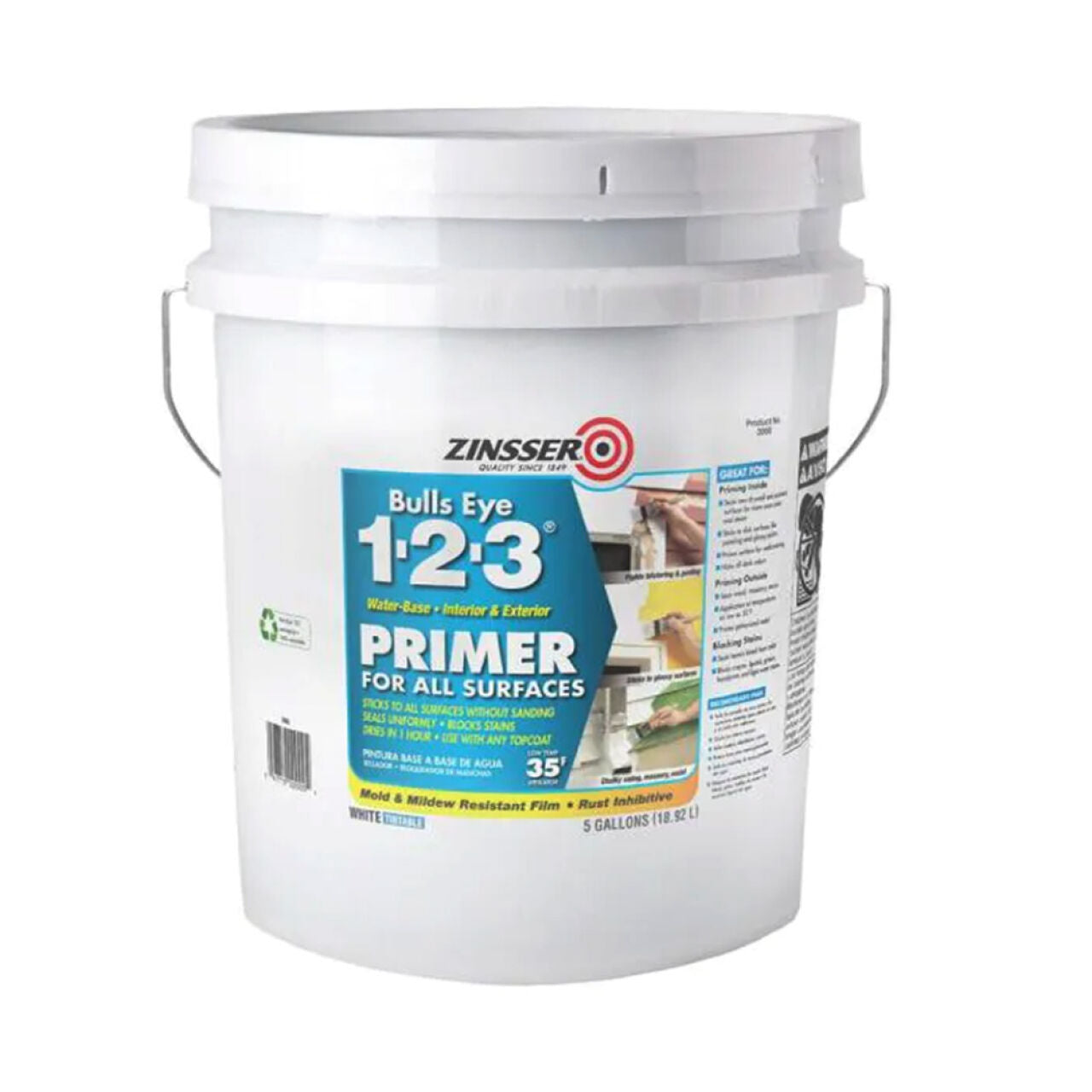 The Go Build Bulls Eye 1-2-3 5 gal. Water-Based Primer for All Surfaces in Tintable White offers stain blocking, mold and rust resistance, quick drying, and is suitable for indoor and outdoor use.