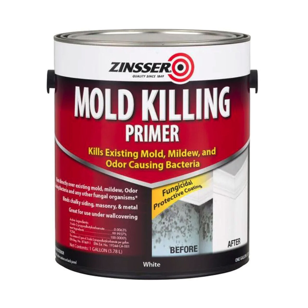 A 1-gal. can of Go Build Mold Killing Interior/Exterior Primer with a red, black, and white label kills mold, mildew, and odor-causing bacteria. The image shows a wall before and after using this fast-acting primer.