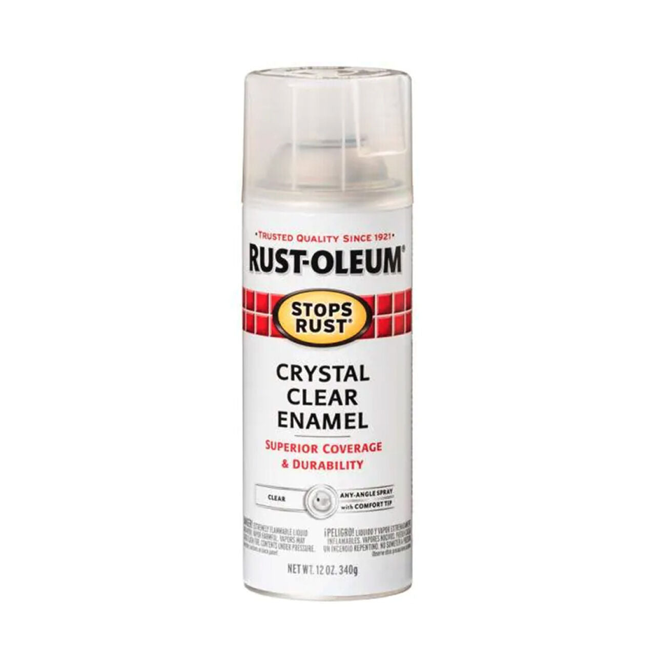 A 12 oz. can of Go Build, The Fastest Way To Build Protective Enamel Spray Paint in Gloss Crystal Clear with a white label, red and black text, a yellow “Stops Rust” circle, and a clear plastic cap against a plain white background.