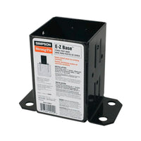 Simpson Strong-Ties E-Z Base Black Powder-Coated Post Base is designed for 4x4 nominal lumber, featuring bolt holes for secure mounting. It includes a label with product details and installation instructions, making it an ideal retrofit solution.