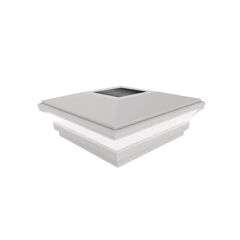 The Go Build 4 in. x 4 in. Solar Post Cap - White features a square, pyramid-top design with an illuminated strip, perfect for outdoor vinyl posts or fences.