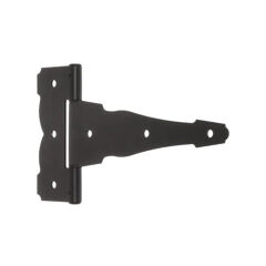 The Go Build 8 in. x 5.5 in. Heavy-Duty Decorative Tee Hinge in black features a wide left mounting plate and a long tapered arm with screw holes for secure attachment to doors or gates.