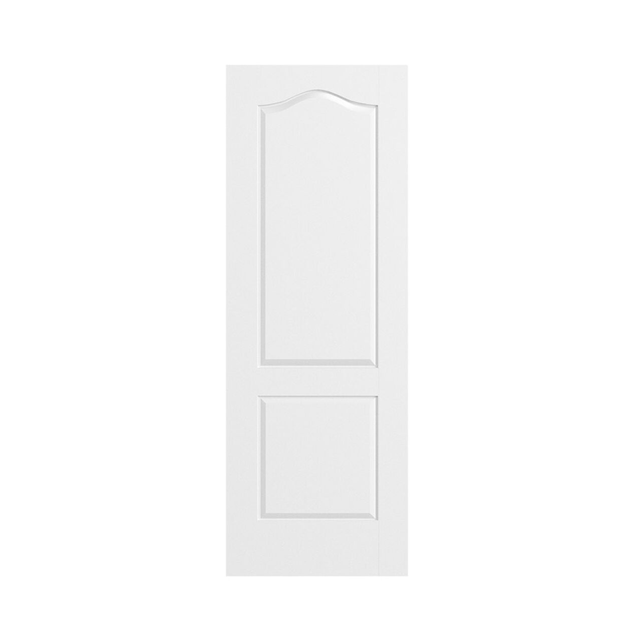 The Go Build 24 in. x 80 in. Continental Primed Smooth MDF Door Slab features two recessed panels—an arched top and a rectangular bottom. This hollow-core door is shown plain against a white background.