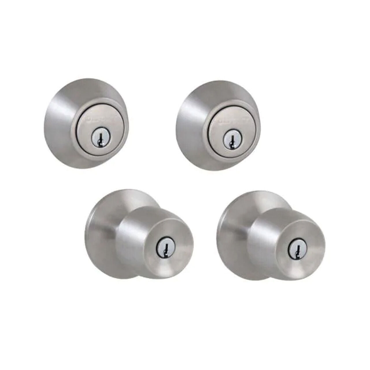 Four Go Build Brandywine Single Cylinder Keyed Entry stainless steel locks are shown: two round deadbolts above and two matching round doorknobs with keyholes below, all designed for exterior doors.