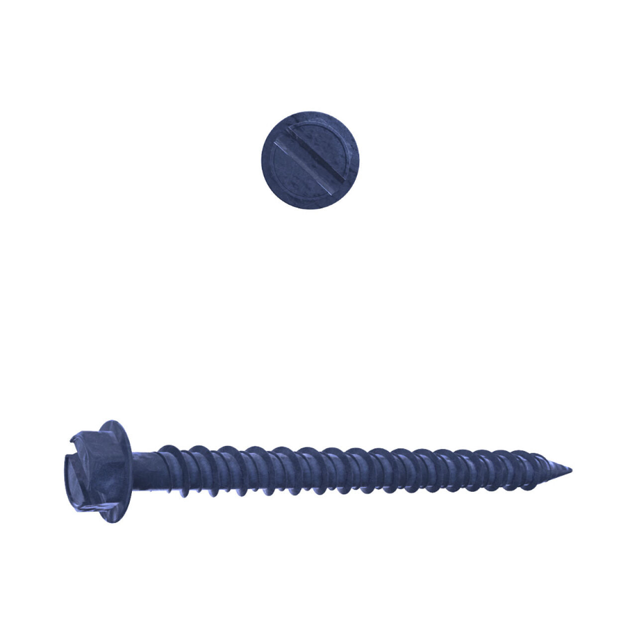A single Go Build 3/16 in. x 1-1/4 in. Hex Head Concrete Screw (from the The Fastest Way To Build line) is shown on a white background from two angles: top view shows its hex head; side view highlights the threaded shaft and washer-like head.