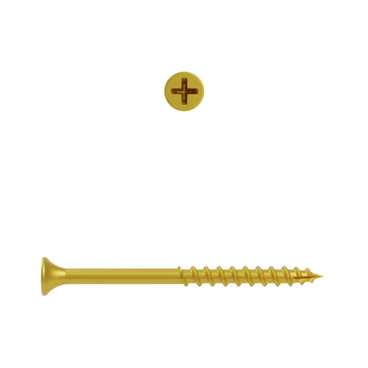 The Go Build #8 x 2 in. Star Flat Head Wood Deck Screws (5 lb., 453/Pack) are gold-colored with a flat, countersunk star head, shown horizontally and a top-down view of the head on a white background.