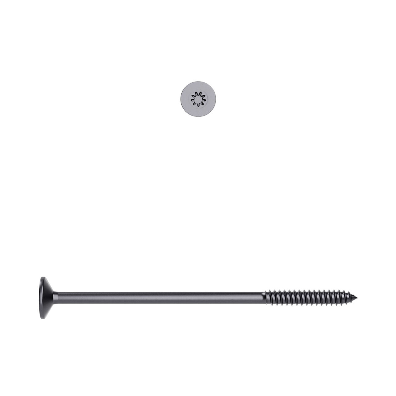 A Go Build 3/16 in. x 6 in. HeadLok Star Drive Flat Head Heavy Duty Wood Deck Screw (50/Pack) is shown horizontally on a white background, with a close-up of its star-shaped Star Drive head for enhanced grip and corrosion resistance.