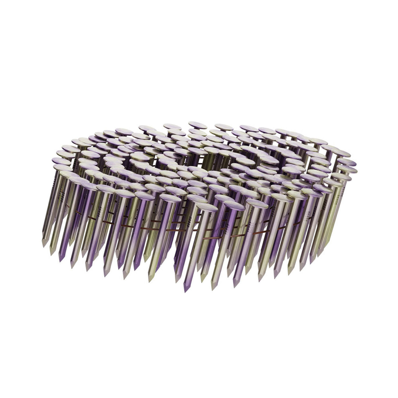 A coiled strip of Go Builds 1-1/4 in. Smooth Galvanized Coil Roofing Nails (7200/Pack) is arranged on a white backdrop. These nails, ideal for power nailers, have flat heads and pointed tips for efficient shingle securing.