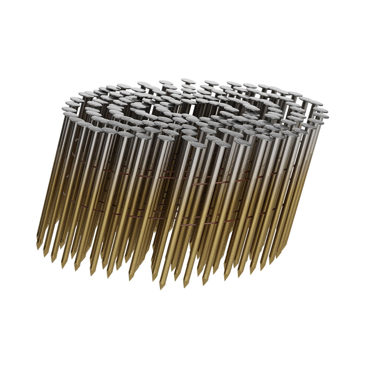 Go Build 0.090 in. x 2 in. Galvanized Ring Shank Coil Nails, 15° (3600/Pack), feature round heads and pointed tips joined by wire for nail guns—ideal for framing and sheathing projects. The Fastest Way To Build.