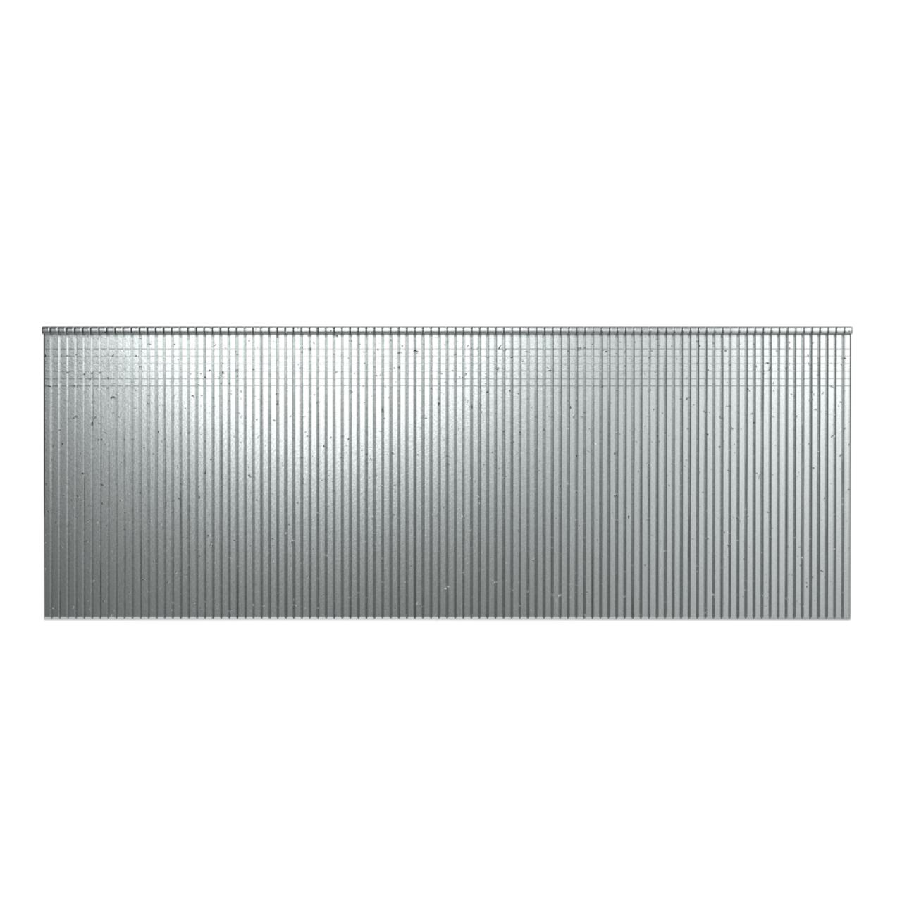 A large, corrugated metal wall with vertical ridges is shown from the front against a white background. For added durability, it can be installed using Go Build 2 in. Brad Nails 16 Ga. (1000/Pack), The Fastest Way To Build.