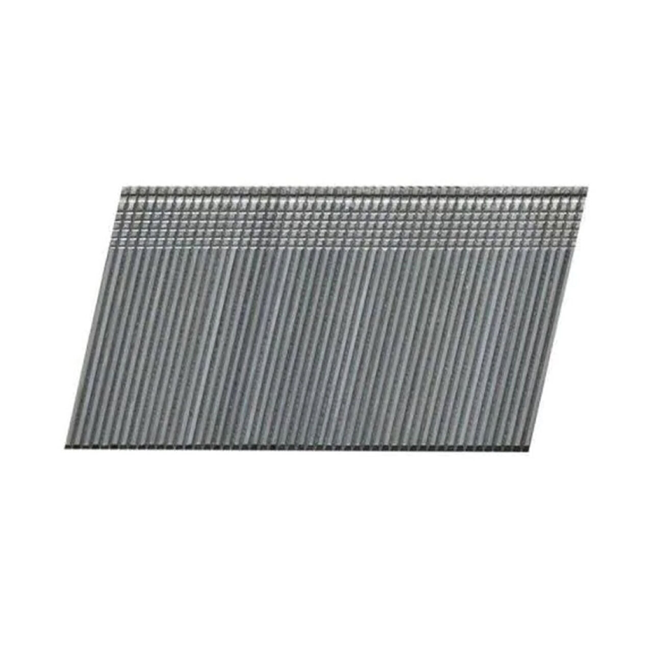 A 2000-pack of Go Build 1-1/2 in. 16 Ga. galvanized angled brad nails displays the flat heads aligned at the top and pointed tips at the bottom, arranged in a slanted row against a plain white background.