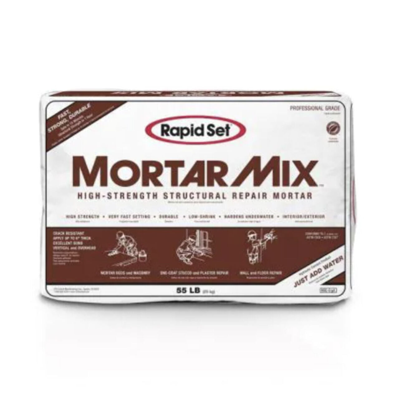A 55 lb. bag of Go Build, The Fastest Way To Build Fast Setting Mortar Mix, a hydraulic cement for high-strength structural repair, features red text, product features, usage icons, and a Just Add Water label on a white background.