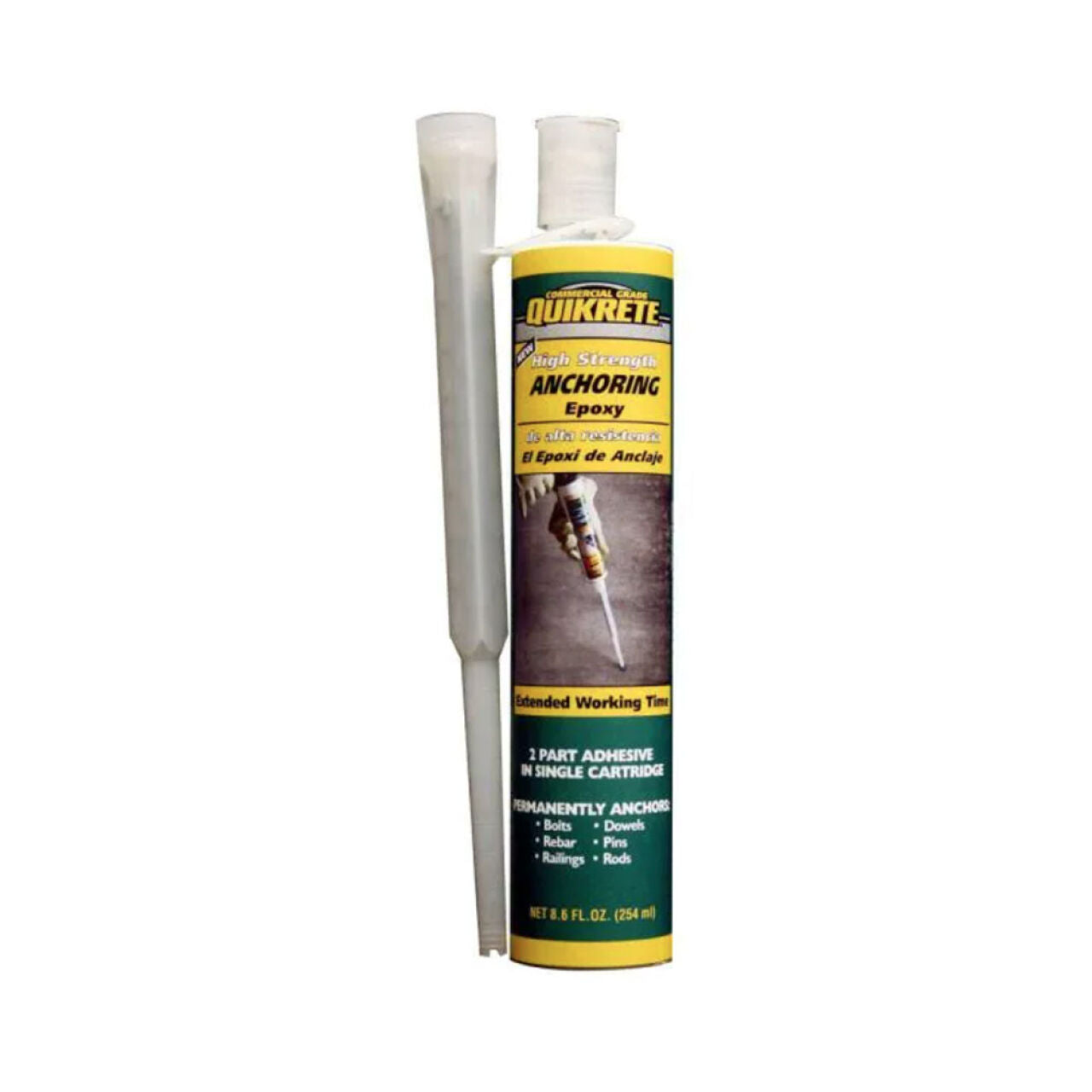 An 8.6 oz. tube of Go Build High Strength Anchoring Epoxy with mixing nozzle, yellow and black label. Perfect for anchoring bolts in concrete or masonry, the label notes extended working time. Brand: Go Build, The Fastest Way To Build.