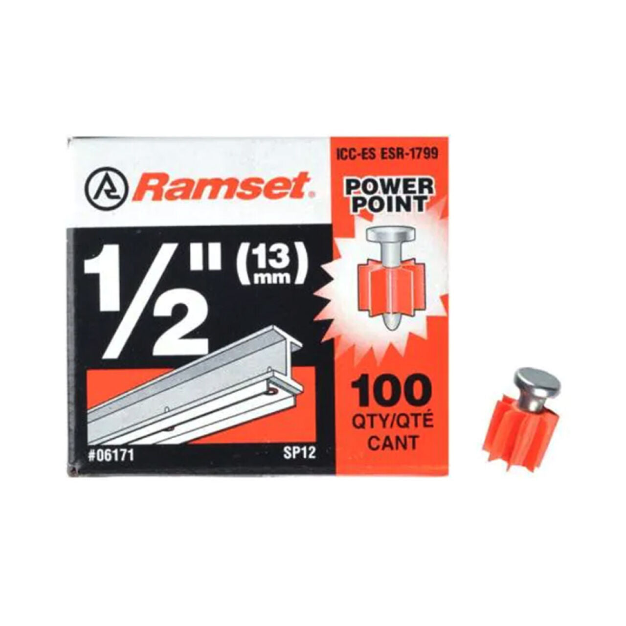 A box of Go Build 1/2 in. Power Point Pins (100/Pack), The Fastest Way To Build, is shown with a single red and silver pin beside it. These pins are designed for use with powder actuated tools when fastening into concrete.