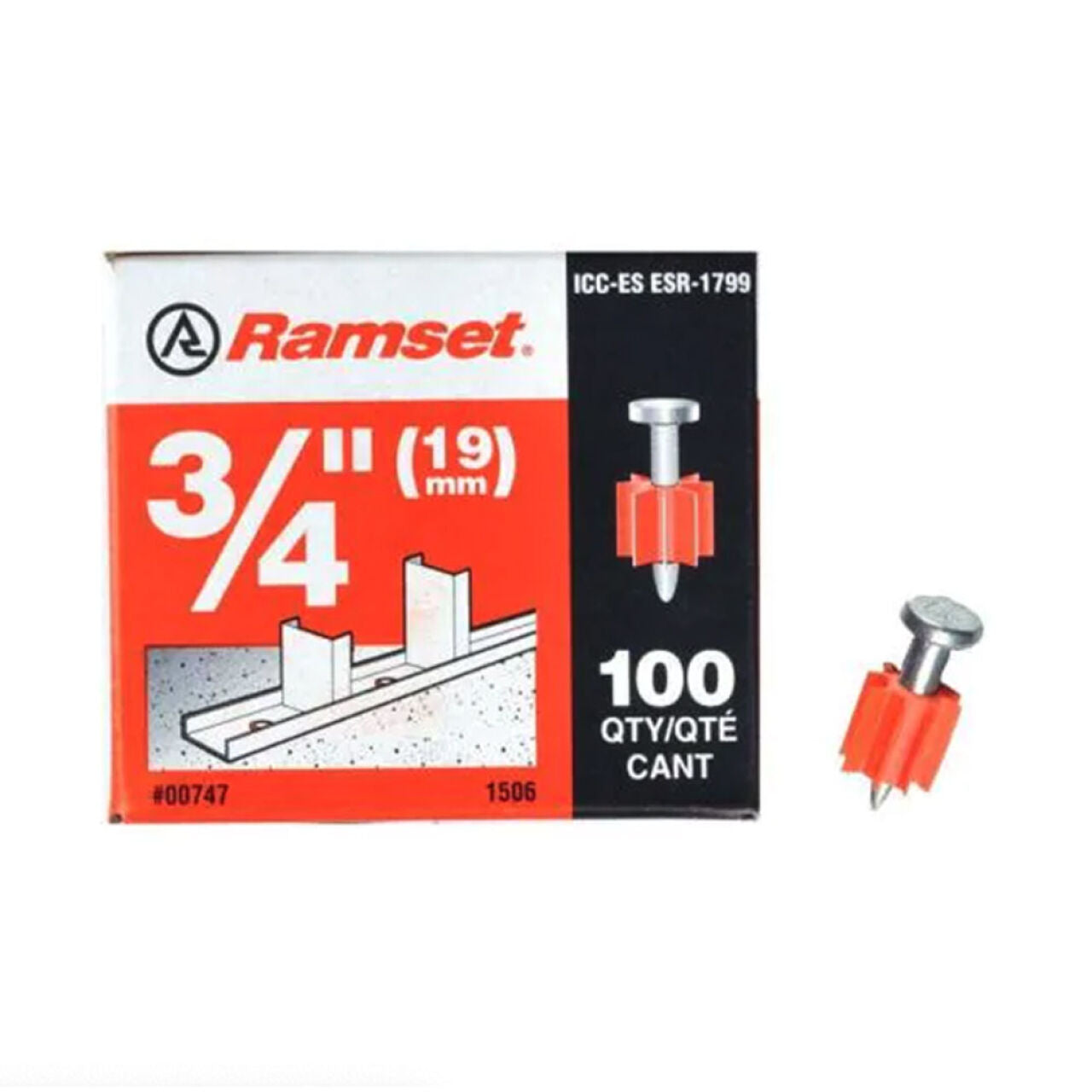 Box of 100 Go Build 3/4 in. Drive Pins—The Fastest Way To Build—ideal for fastening to concrete or steel and securely attaching materials. Comes in red, white, and black box with a nail image featuring an orange plastic collar.