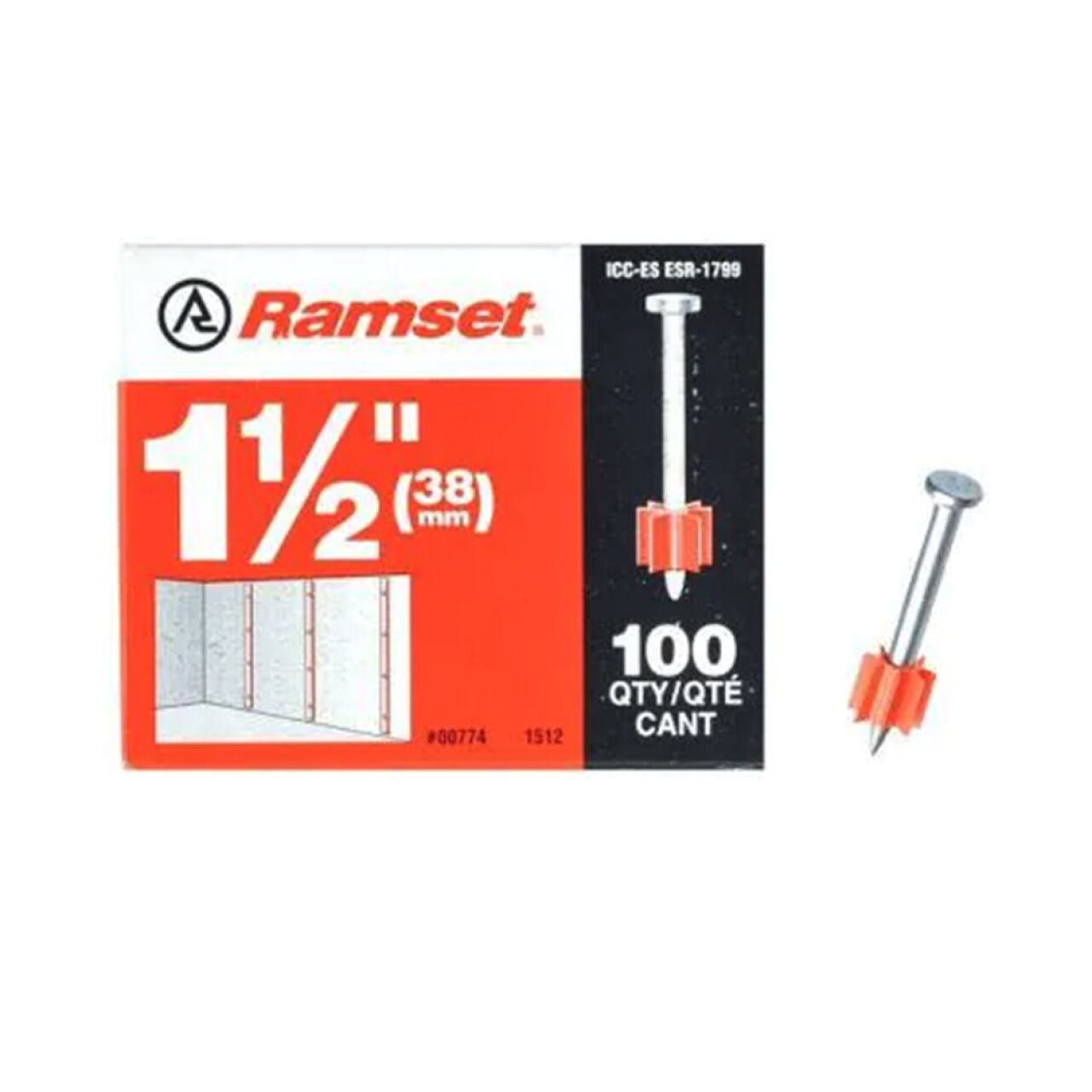 Go Build 1-1/2 in. Drive Pins (100/Pack), by The Fastest Way To Build, are ideal for powder actuated tools and concrete fastening; image shows the box with one drive pin upright beside it.