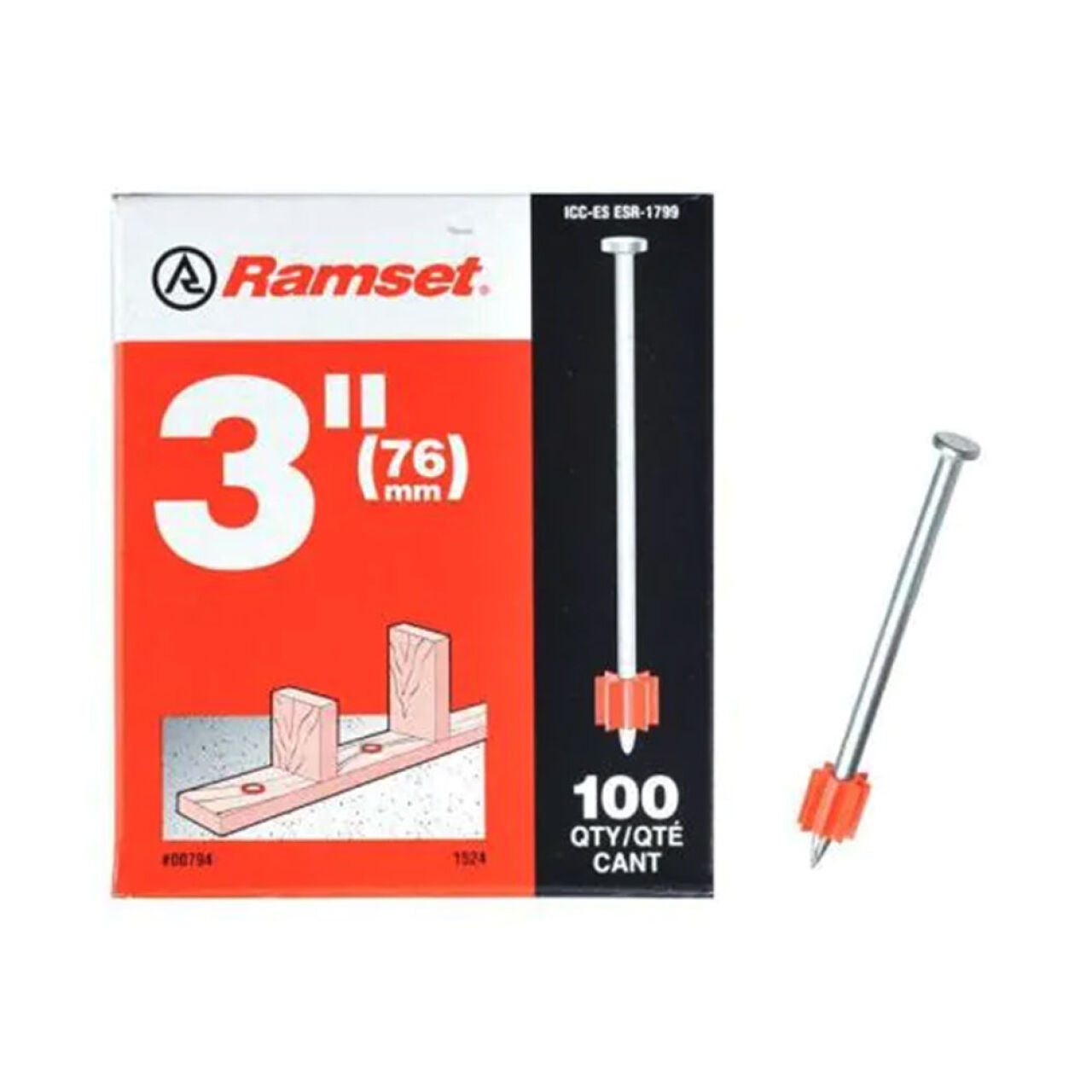 A Go Build 3 in. Drive Pins (100/Pack) box is shown with one pin featuring an orange collar, plus an illustration of its use with powder-actuated tools for fastening wood or concrete. Brand: Go Build, The Fastest Way To Build.
