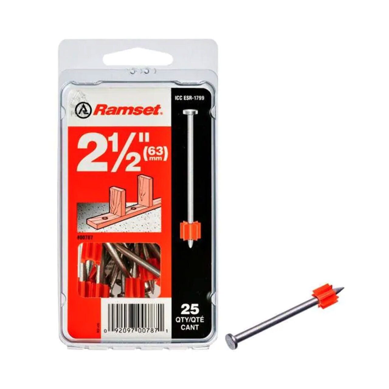 A pack of Go Build 2-1/2 in. Drive Pins (25/Pack), featuring red plastic flanges, allows secure lumber-to-concrete fastening with powder actuated tools. Package shows safe use; one pin is displayed outside for reference.