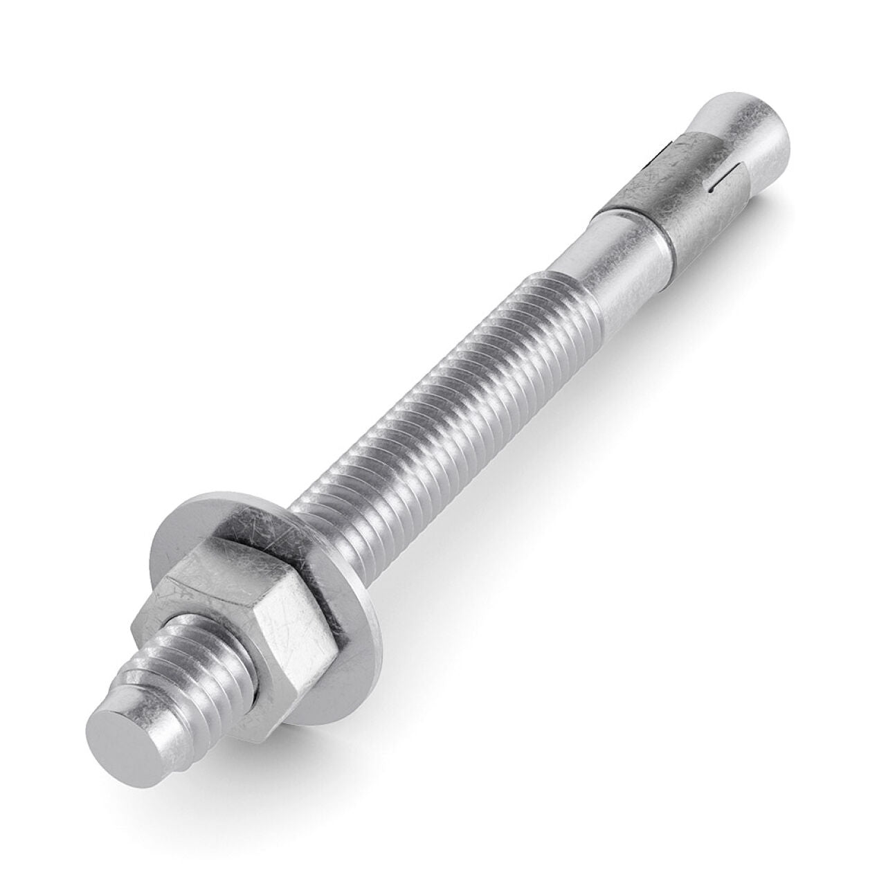 A Go Build 1/2 in. x 5-1/2 in. Wedge Anchor is shown on a white background, featuring threaded and smooth sections with a hex nut and washer, designed for fastening materials to concrete or masonry.