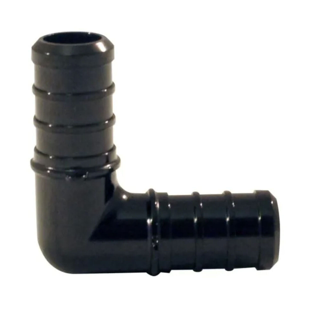 The Go Build 1/2 in. PEX Plastic 90-Degree Elbow is a barbed connector for flexible tubing, ideal for PEX plumbing systems and providing excellent corrosion resistance.