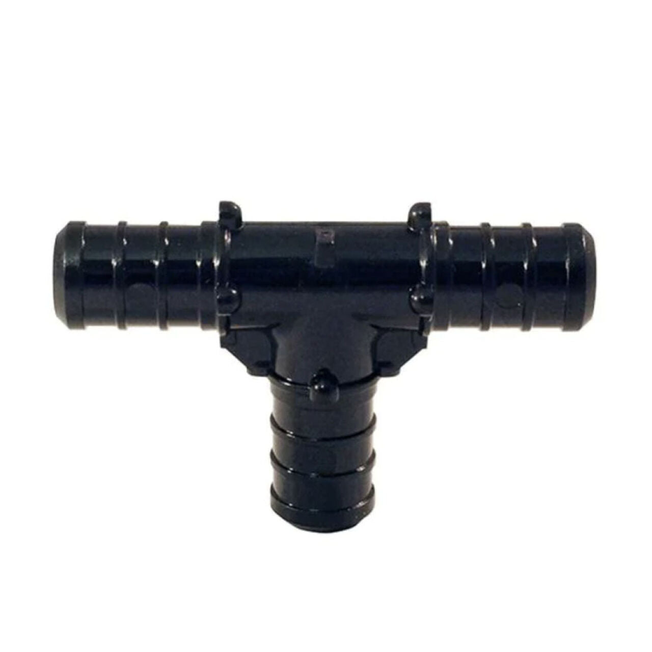 A Go Build 1/2 in. Plastic PEX Barb Tee is displayed on a white background. This T-shaped connector has three ribbed ends for secure PEX pipe or hose attachment and is made from durable polysulfone alloy.