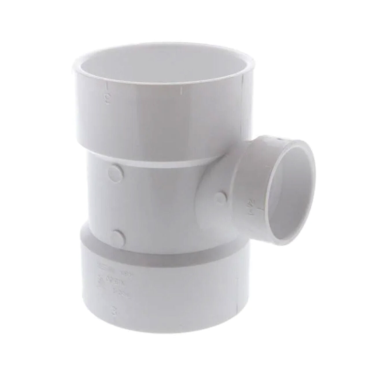 The Go Build 3 in. x 3 in. x 2 in. PVC Sanitary Reducing Tee All Hub is a white fitting with three openings, ideal for plumbing connections needing a reducing tee.