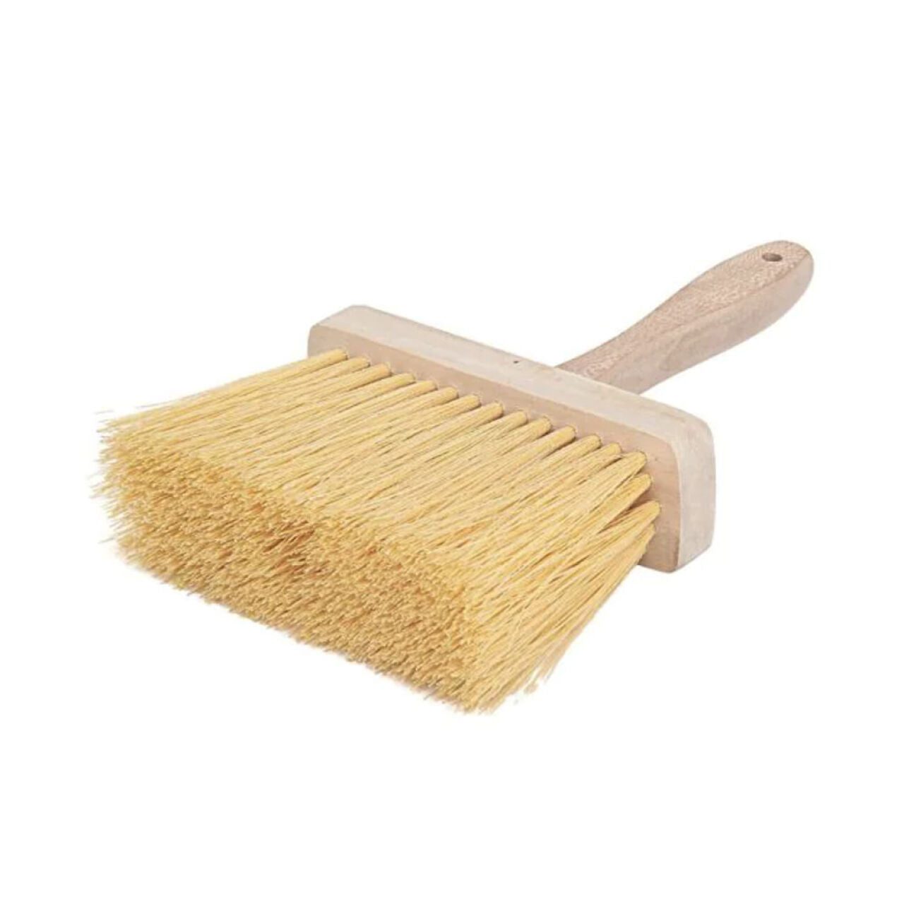 The Go Build 6.8 in. Masonry Brush, featuring a wooden handle and thick yellow bristles for wide surface coverage and cleaning, is displayed on a white background.