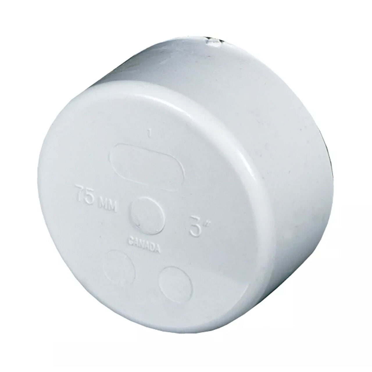 A white, round Go Build 3 in. PVC Cap Hub marks 75 MM, 3, and CANADA on its face. It’s designed for solvent weld connections, fitting over the end of a 75 mm (3 inch) pipe. Brand: The Fastest Way To Build.