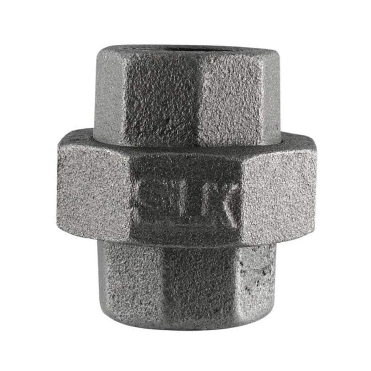 The Go Build 3/4 in. Black Iron Union is a hexagonal pipe fitting with threaded ends and a rough textured surface, featuring the brand’s mark, and is commonly used in black malleable iron fittings.