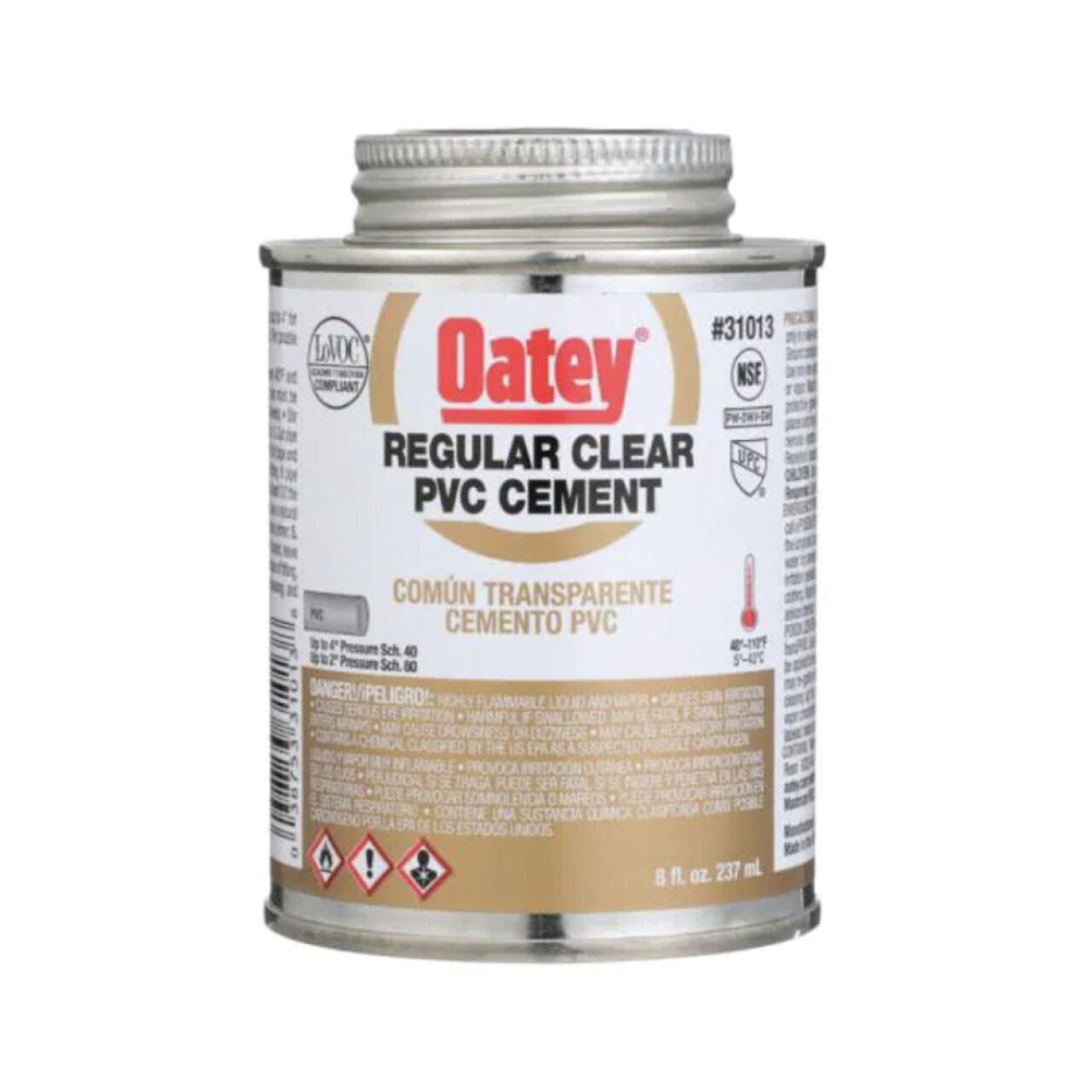 An 8 oz. can of Go Build, The Fastest Way To Build Oatey Regular Clear PVC Cement for bonding PVC pipe, featuring a silver lid, bilingual label, and low VOC clear solvent adhesive.