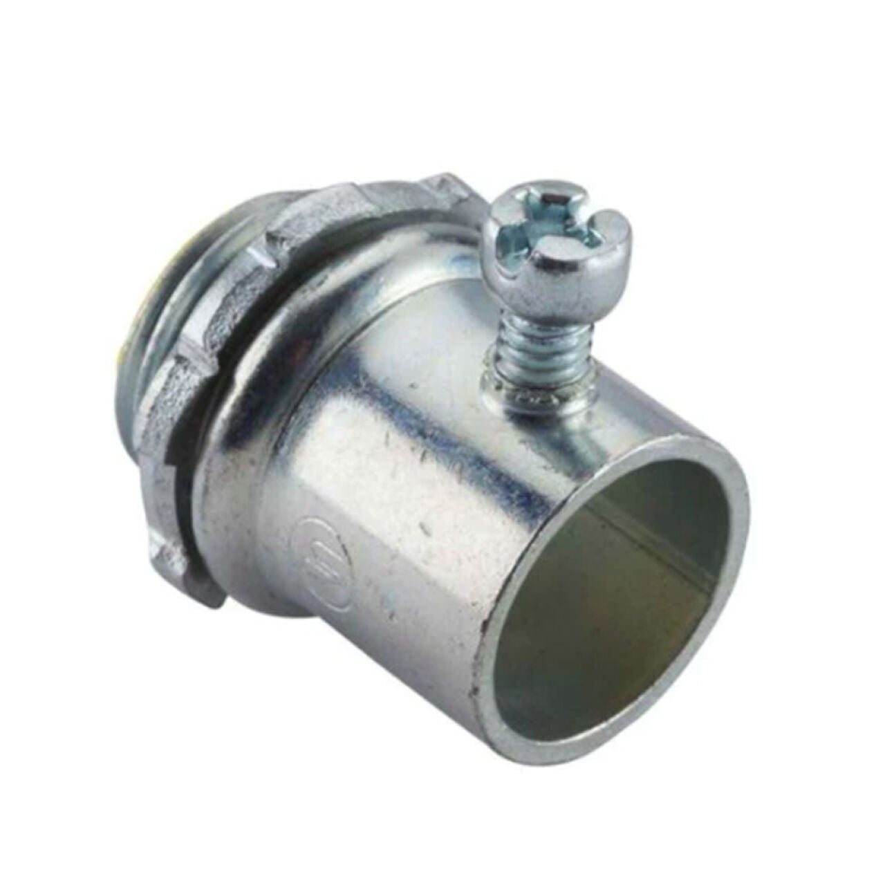 The Go Build 1 in. EMT Set-Screw Connector features a galvanized steel body with a screw for wiring, a cylindrical opening for EMT conduit, and a threaded end for quick attachment­.