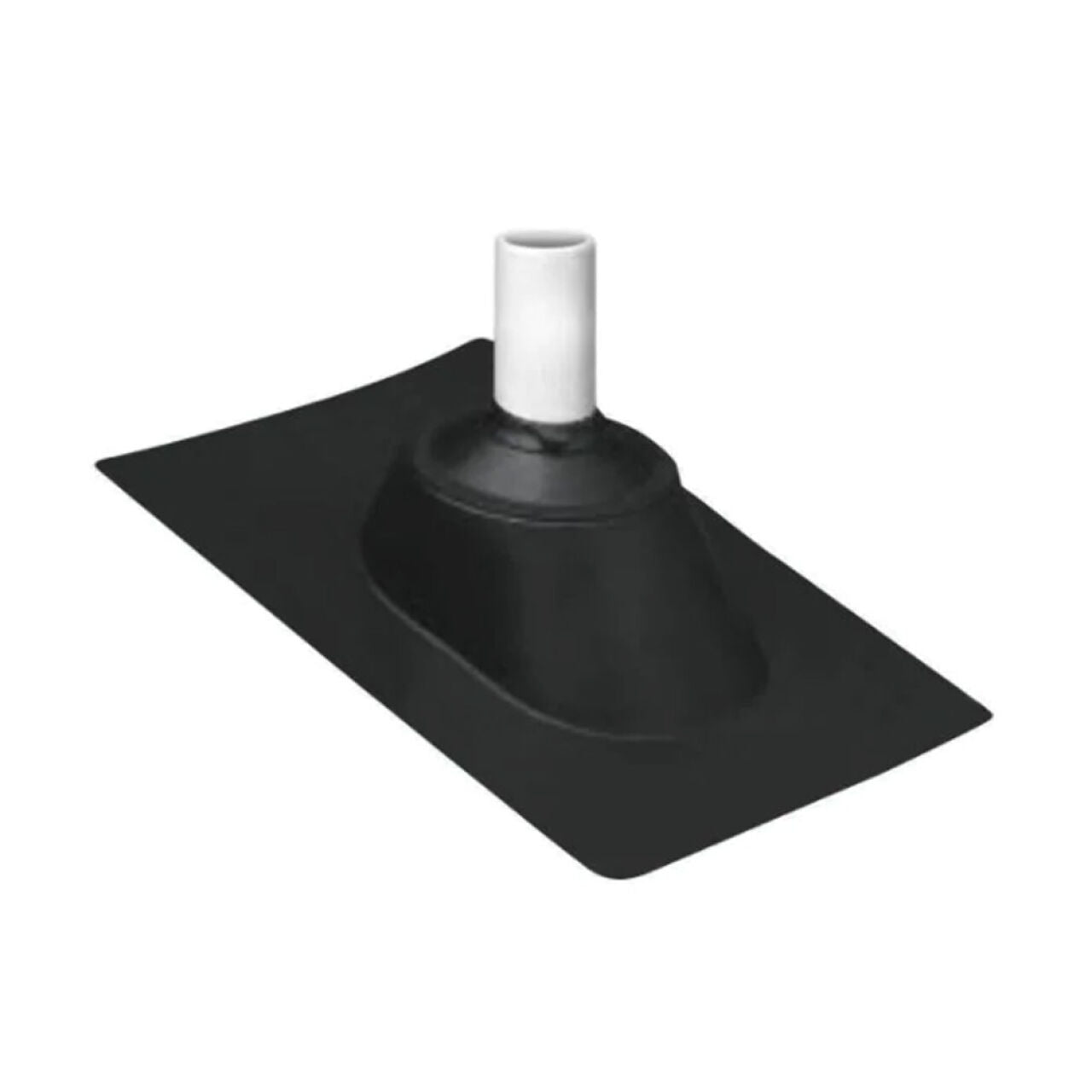 The Go Build 1-1/4 in. x 3 in. Plastic Adjustable Pipe Flashing with Hard Base & Rubber Collar—Black—offers a secure seal for vertical pipes with its rectangular base and raised conical section.