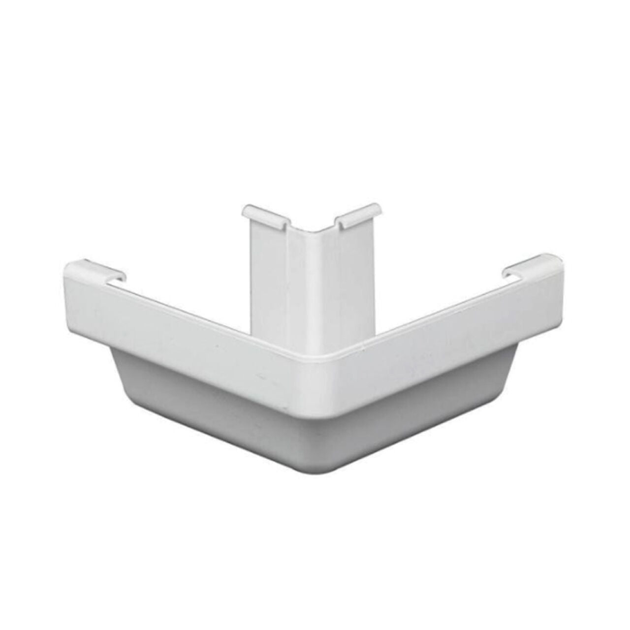 The Go Build 5 in. x 6 in. Vinyl K-Style Outside Corner in white is designed to join two sections of trunking at a right angle, ideal for managing electrical or data cables efficiently.