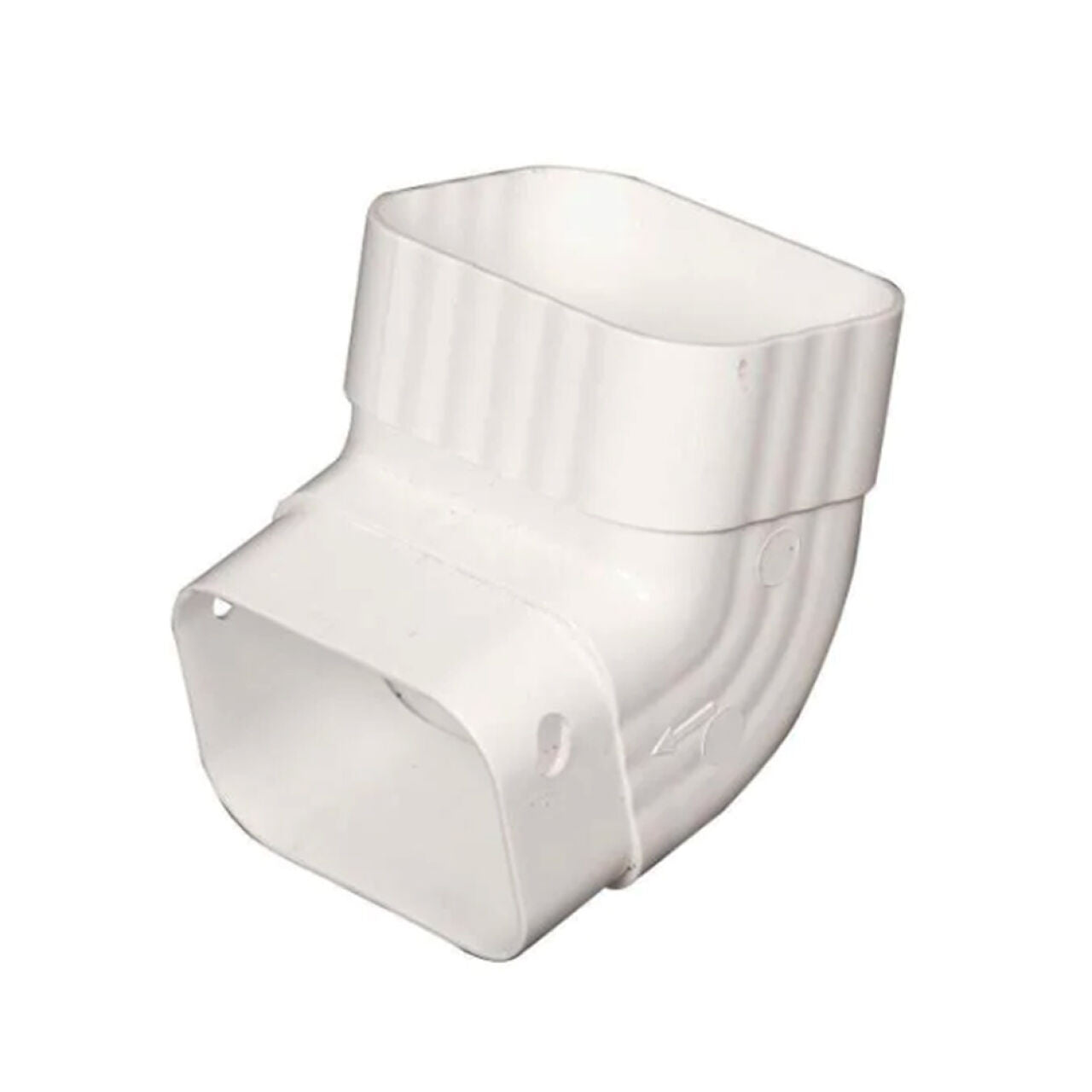 The Go Build 2 in. x 3 in. Vinyl A-Elbow - White connects two square downpipe sections at a 90-degree angle, similar to an Amerimax Home Products downspout elbow.