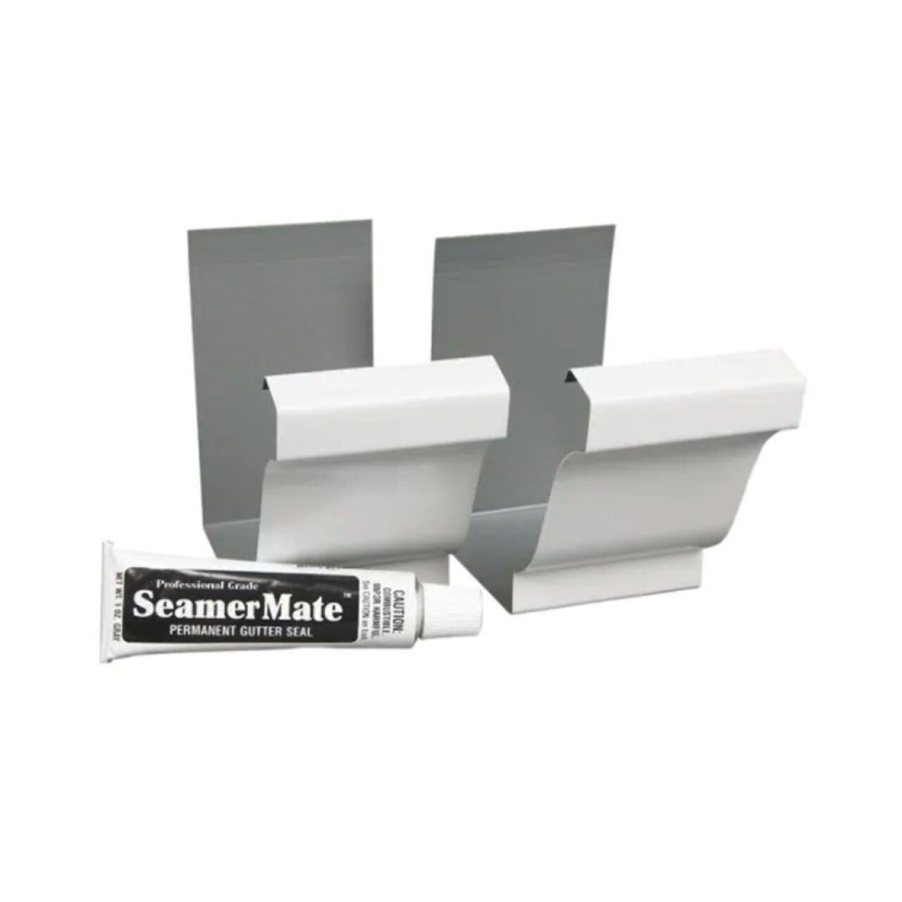 A tube of SeamerMate gutter sealant is shown next to two Go Build 5 in. Aluminum Seamers with Seamermate - White, all displayed on a plain white background.