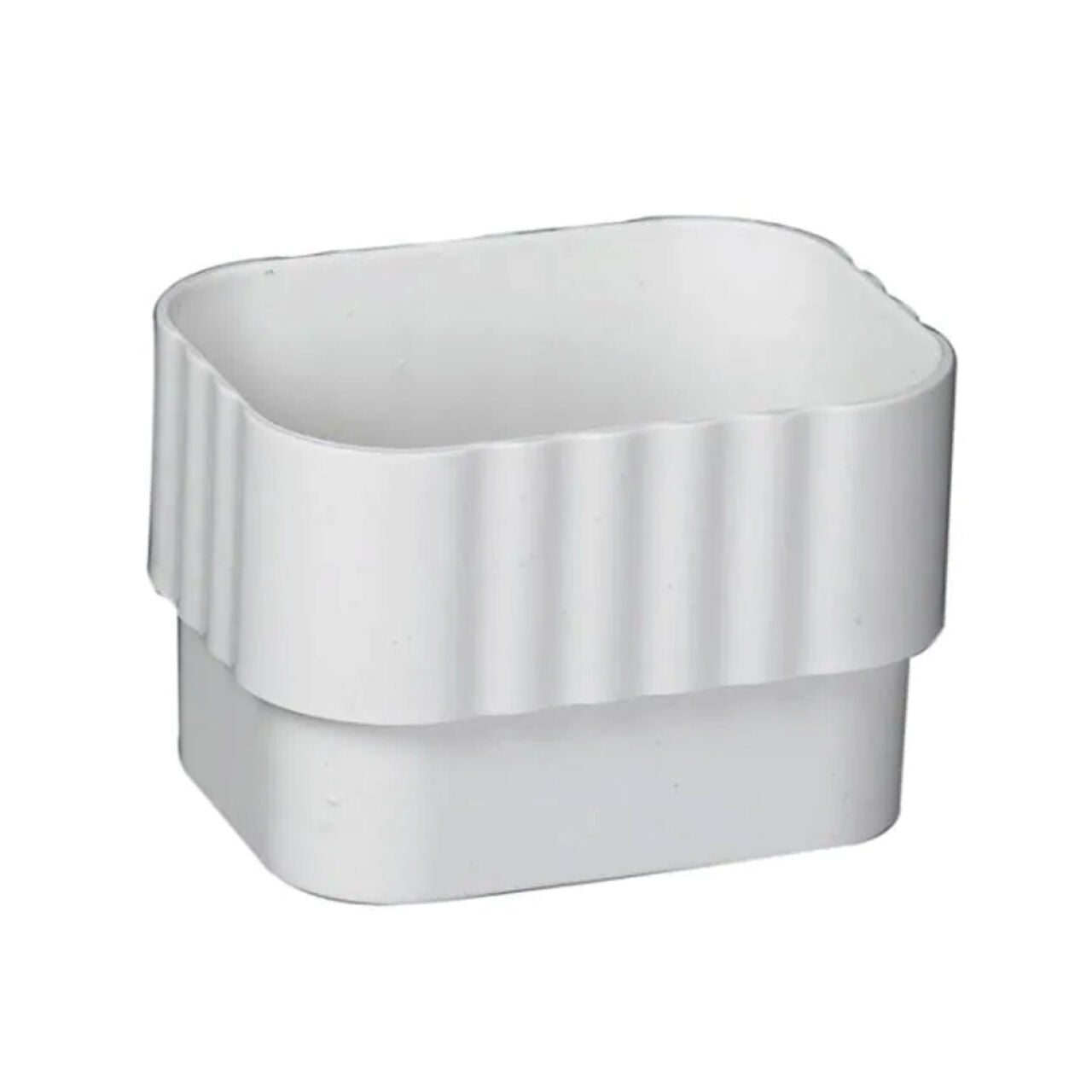 A Go Build 2 in. x 3 in. Vinyl Downspout Connector - White features a wavy, textured pattern on the upper half and a smooth lower half, shown on a plain white background.