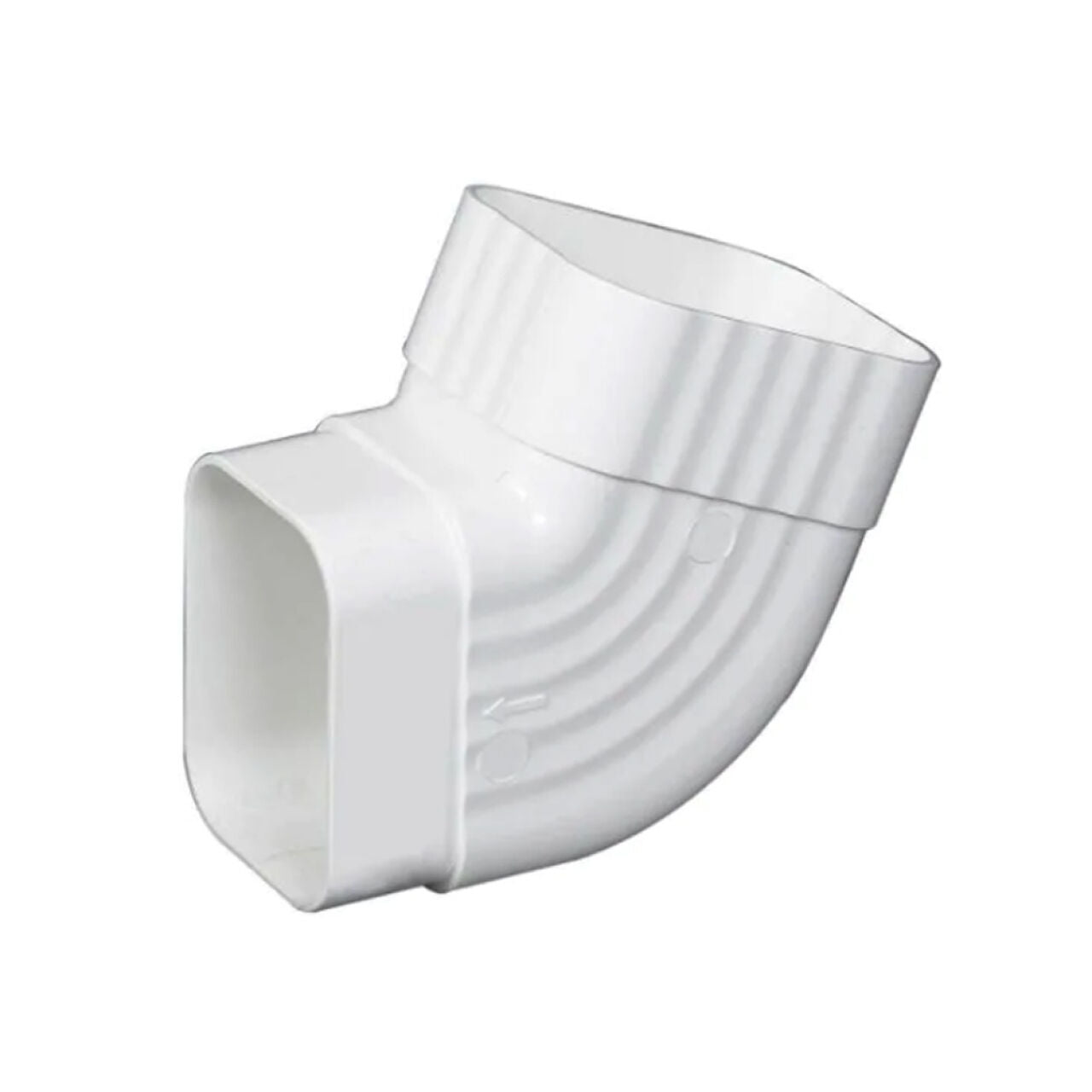The Go Build 2 in. x 3 in. Vinyl B-Elbow - White is a white plastic 90-degree elbow with a rectangular opening, ideal for joining ducting or piping systems and perfect for downspout replacement projects.