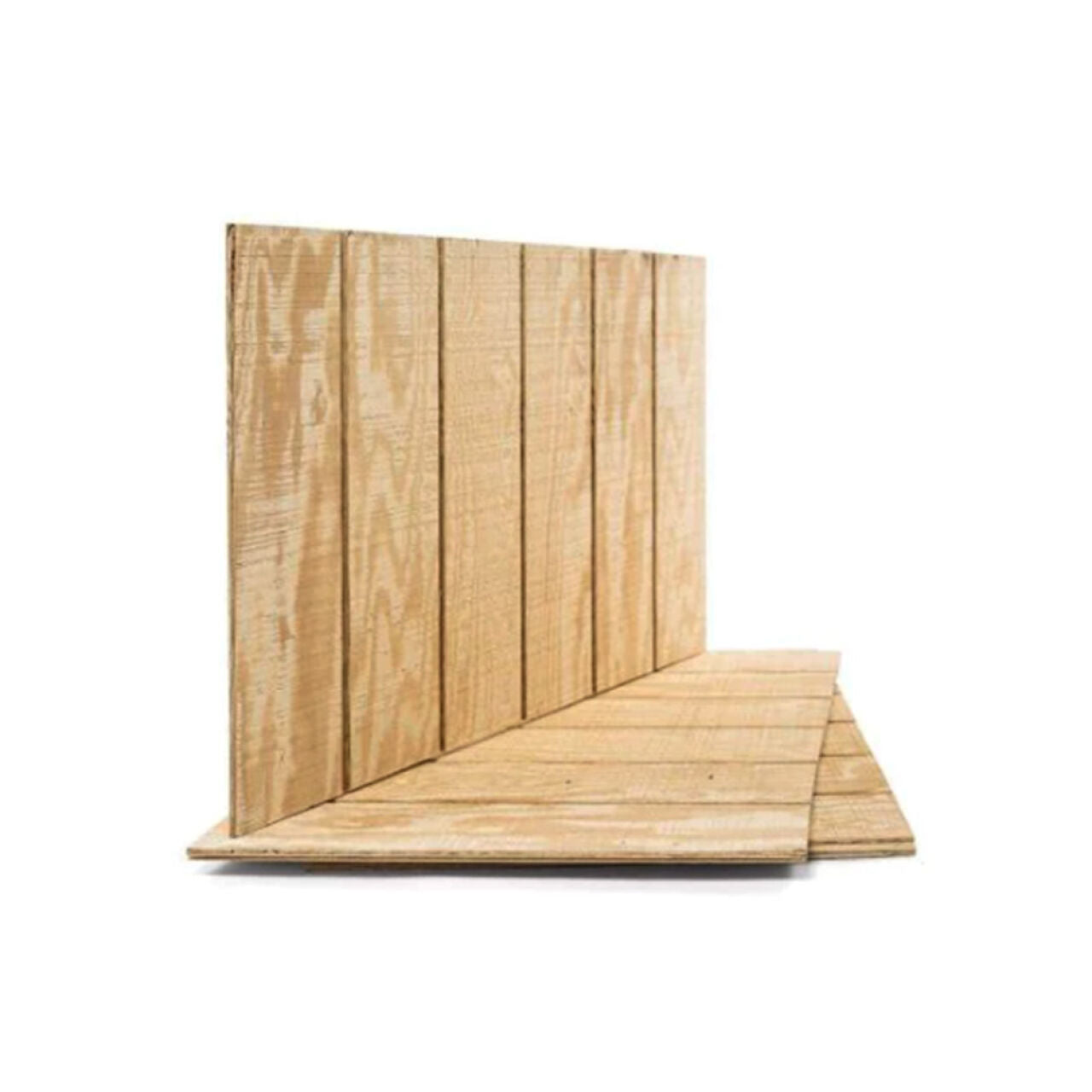 A stack of Go Build 19/32 in. x 4 ft. x 8 ft. Plywood Siding Panels with 8 in. OC vertical grooves and woodgrain texture, arranged upright against a white background—ideal for exterior projects.