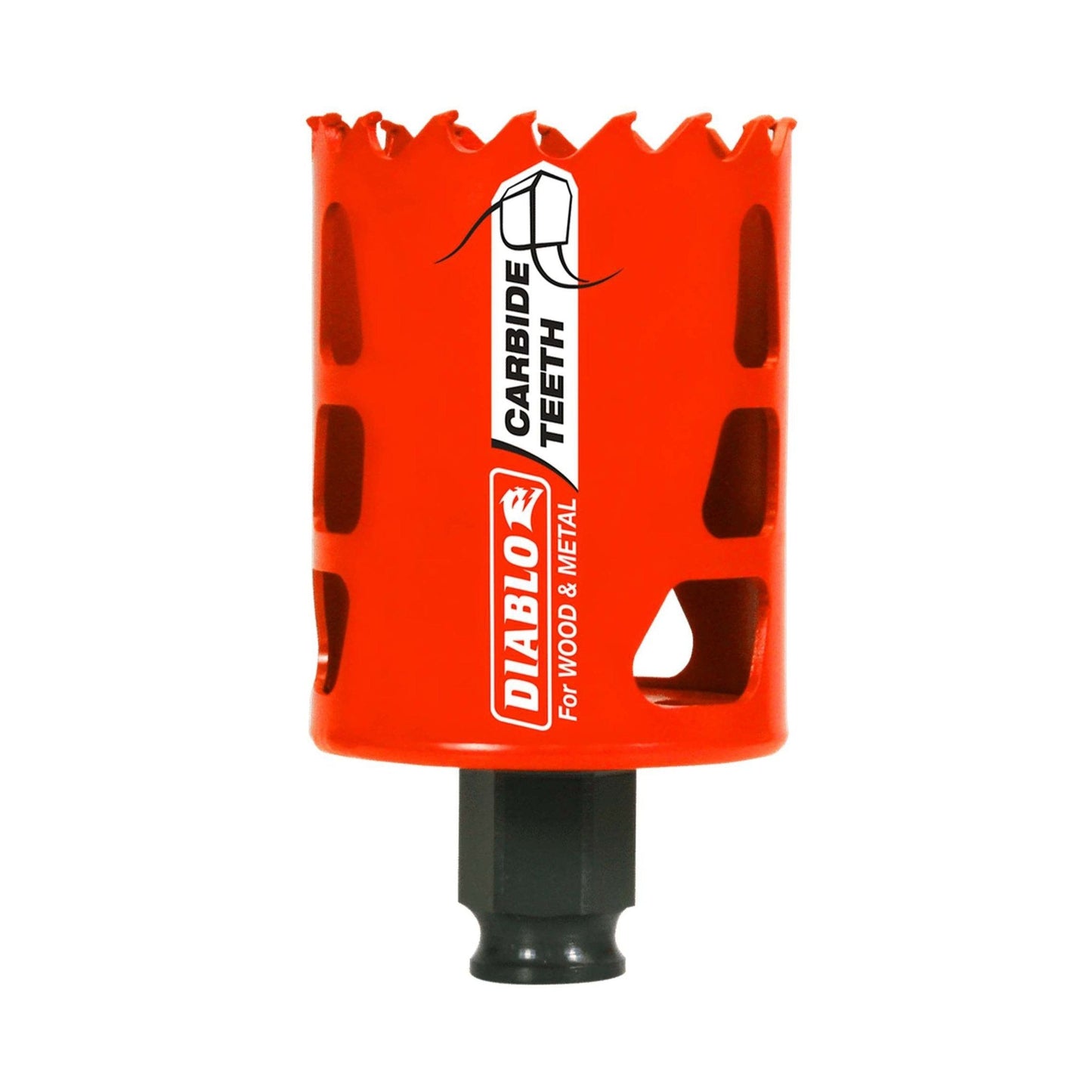 The DIABLO DHS2000CT is a 2-inch red hole saw with carbide teeth, designed for enhanced longevity and efficiency in cutting wood and metal. It features jagged edges for precise drilling, with the Diablo brand name and usage instructions printed on its surface.