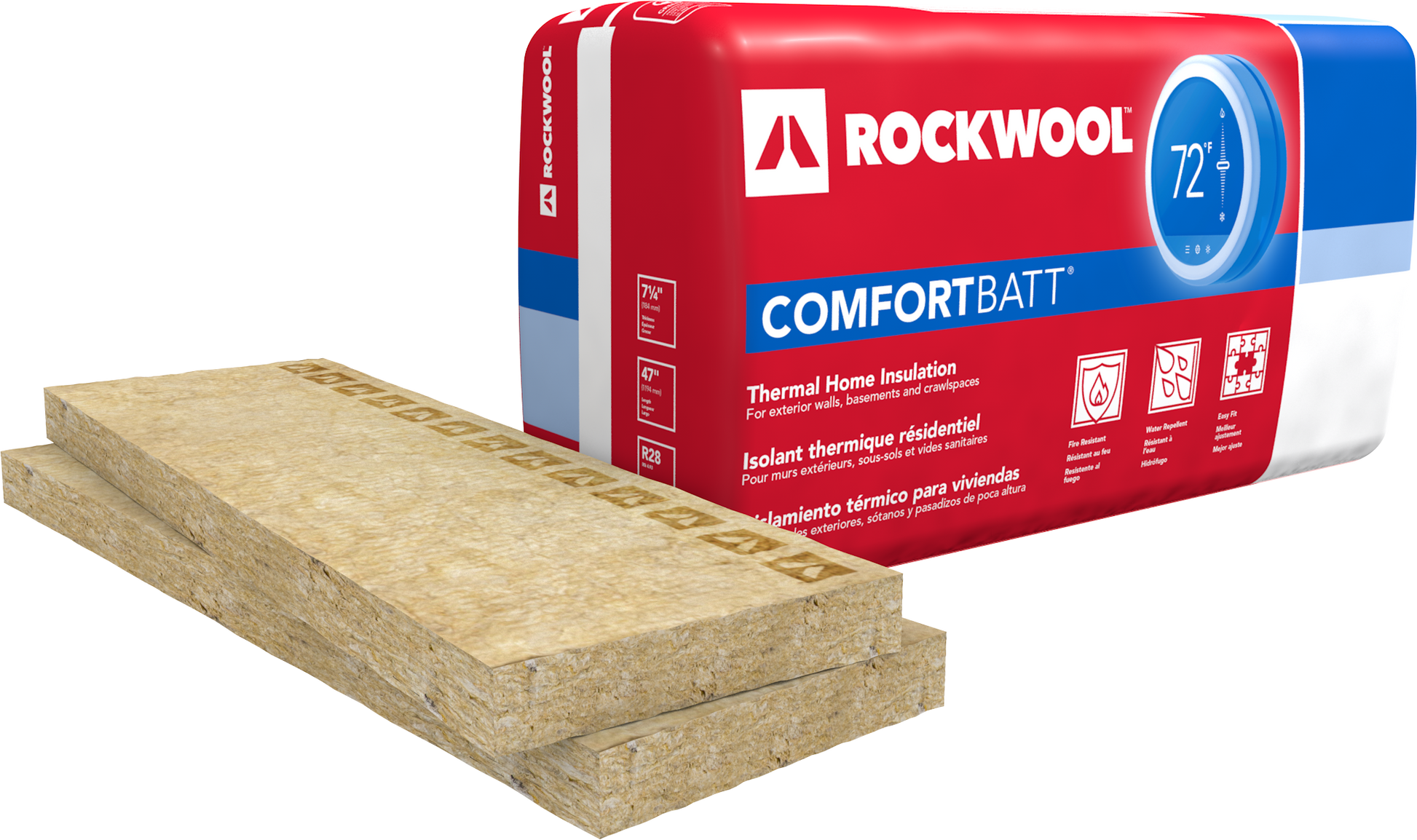 A package of Rockwool RXCB351625 COMFORTBATT R15 stone wool insulation (3.5 in. x 16-1/4 in. x 48 in., 65 sqft) is shown with two beige batts in front of its red, white, and blue packaging.