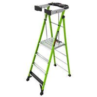 The LITTLE GIANT 19304 Fortress IAA 4 Fiberglass Platform Ladder features a wraparound enclosure, tool tray, stabilizing feet, wide top platform, and lightweight design—perfect for household or workshop use.
