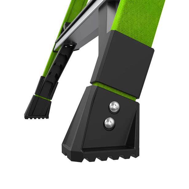 Close-up of the LITTLE GIANT 19304 FORTRESS IAA 4 fiberglass platform ladder legs, featuring black textured non-slip feet and metal bolts for stability on various surfaces.