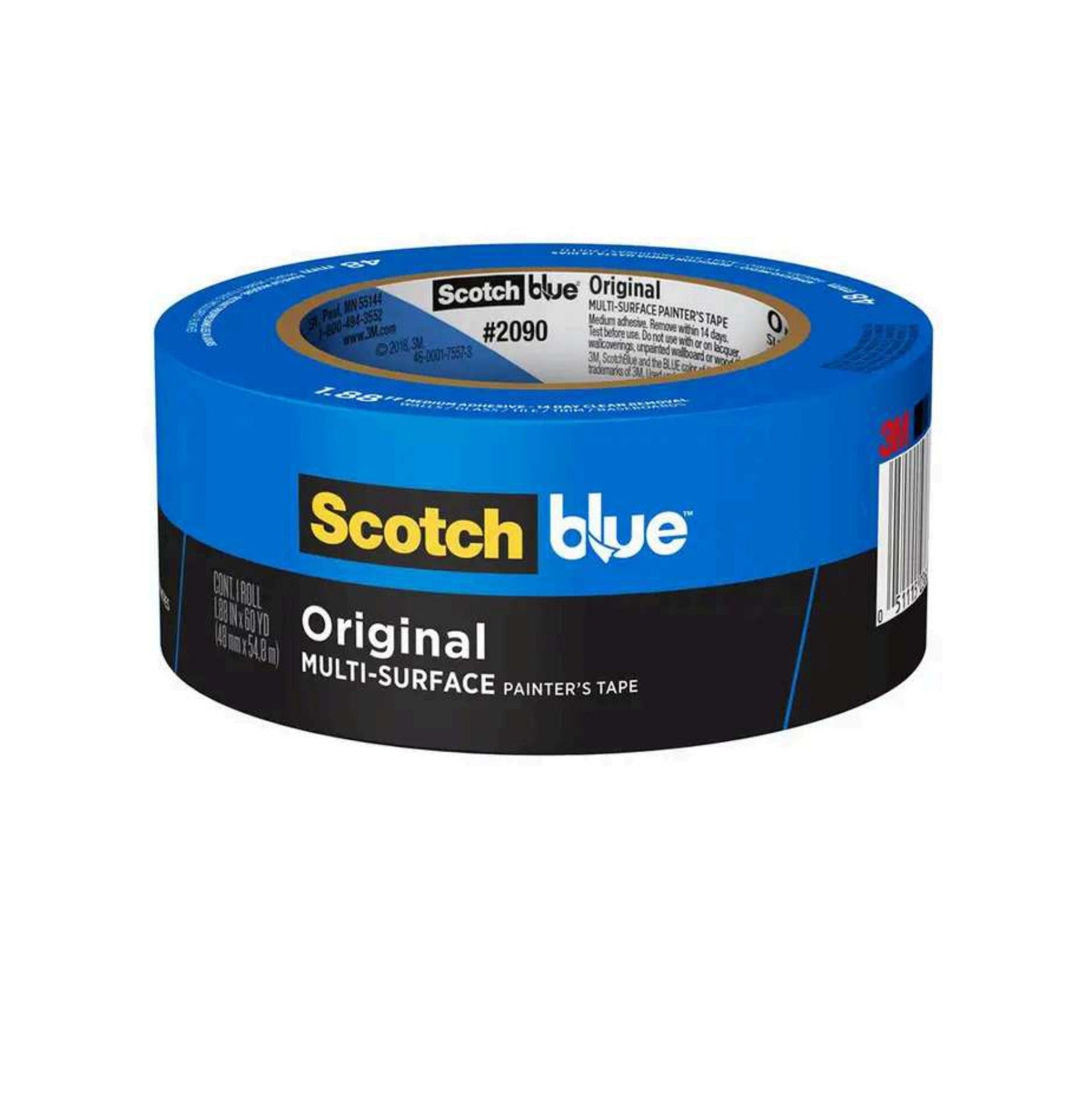 A roll of 3M 2090-48NC Scotch-Blue Painters Tape (1.88 in. x 60 yds.) for multi-surfaces is shown against a white background. Trusted for clean paint lines on any project, this tape features the recognizable blue label from 3M.