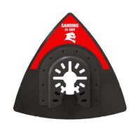 The Diablo DIABLO DOU20CGSP 3-1/2 in. 20-Grit Universal Fit Oscillating Sanding Plate features a triangular red top with Sanding 20 Grit and a stylized white wolf logo. It integrates easily with oscillating sanding plates and has a black center mounting hole designed for power tool attachment.