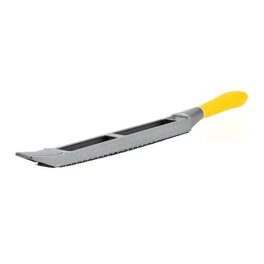 The STANLEY® SURFORM FLAT FILE - REGULAR CUT 10IN (250MM) has a flat, rectangular serrated blade and an ergonomic yellow handle. Ideal for shaping and smoothing wood or other materials with precision and comfort.